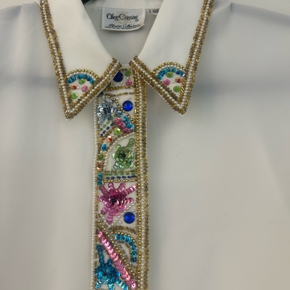 Vintage 1980s Oleg Cassini White Blouse with Multicolor Sequin Collar - Picture 5 of 7